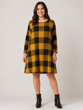 Buffalo Check Long-Sleeve Swing Dress in Mustard and Black